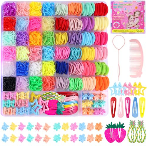 Funtopia 1246 Stück Haargummis Mädchen Damen,Bunt Farben Haarschmuck, Elastisch zopfgummi für Kinder, Multicolor Haargummi mit haarklammer klein,Invisibobble,Haarkamm,Frisurenhilfe Werkzeugsatz
