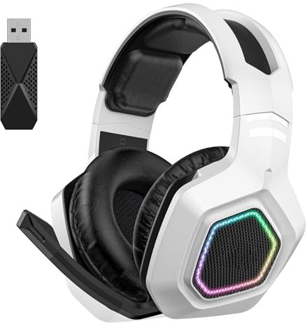 Drfeify Auriculares Inalámbricas para Juegos, Conexión 2.4G y 3.5mm USB Dual, Auriculares para PC, Diseño Ligero y Cómodo para Juegos Largos, Color Blanco, para Gamers, Oficina y Hogar