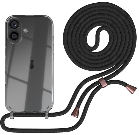 EAZY CASE Handykette kompatibel mit iPhone 16 Handyhülle mit Umhängeband, Handykordel mit Schutzhülle, Silikonhülle, Hülle mit Band, Stylische Kette für Smartphones, Schwarz - Clips Rosé