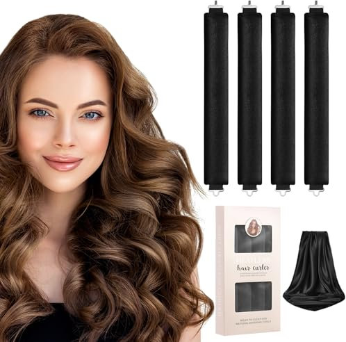 LOPHE 4 Stück Hitzefreie Lockenwickler, Overnight Blowout Locken Ohne Hitze, Hitzefreier Lockenstab für alle Haartypen,Mit Eisendraht DIY Heatless Curls Band Frisurenset Für Langes (Schwarz)