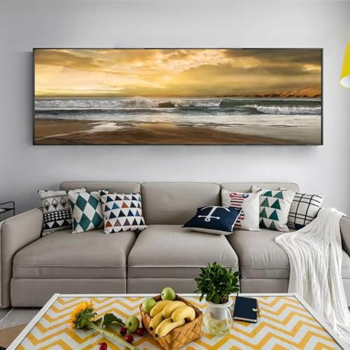 IHHGNB Peinture à l'huile abstraite de paysage marin, affiches et impressions, art mural, toile, vague et plage, image pour décoration de salon, 60x180cm (24x71in) sans cadre