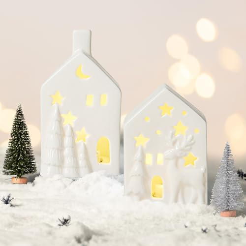 Weihnachtsdorf Beleuchtung Weiß 2 Stück Lichthaus Gästehaus Keramik Weihnachtshäuser Weihnachtsdeko innen Weihnachtshaus Deko Weihnachten Haus Deko Weihnachtsstadt Außen Garten