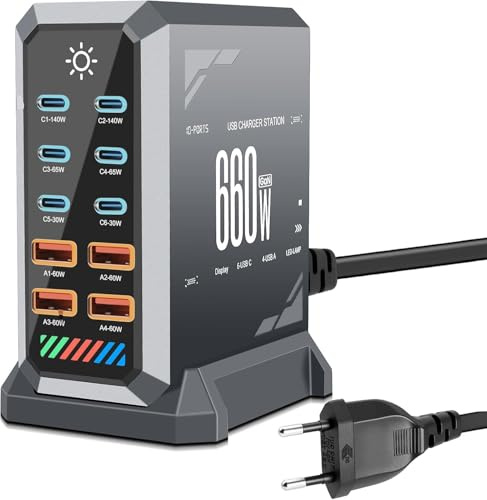 Glitfix 660W USB C Ladegerät Mehrfach, 10 Ports Schnellladegerät, Gan Power Ladestation mit 6 USB C + 4 USB A Ports für MacBook Air, iPad, iPhone 17/16/15/14, Galaxy S22 S20 (Grey)