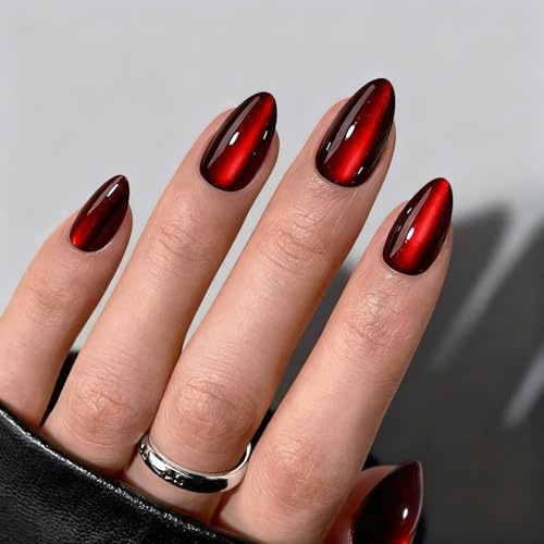 24 Stück Press on Nails Kurz - Mandel Elegantes Weinrot Fake Nails Nägel zum Aufkleben mit Nagelkleber, Full Cover Kunstnägel Nägel Tips für Party Festival Hochzeit Weihnachten DIY (Rot Mandel)