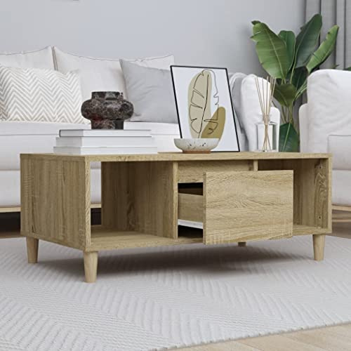 Mandloder Couchtisch Sonoma-Eiche 90x50x36,5 cm, Holzwerkstoff, 2 offene Fächer, Schublade, robuste Tischplatte, Massivholz Eukalyptus Beine, Wohnzimmer