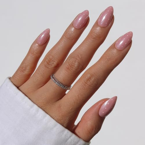 Glamnetic Press On Nails - Barely Spotted | Short Almond Fake Nails in Pink with White Polka Dots, Glazed Finish, Salon Quality | 15 Sizes - 30 Nail Kit with Glue