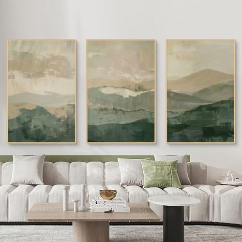 3er Poster Set, Abstrakt Beige grün Kunst Wandbilder Wanddeko, Abstrakt Naturlandschaft Bilder Wohnzimmer, Wandposter Leinwand Bilder ohne Rahme (50x70cm)