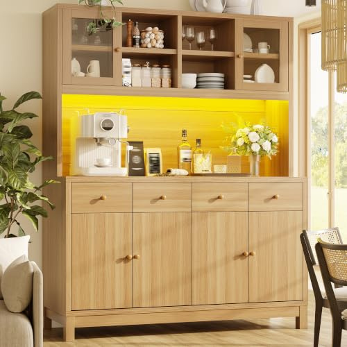 Yrxin Modern Hochbuffetschrank mit App-gesteuerter RGB-LED, Glastüren & 4 Schubladen, verstellbare Einlegeböden, Naturholz-Optik, belastbar bis 100kg, 140x40x180cm