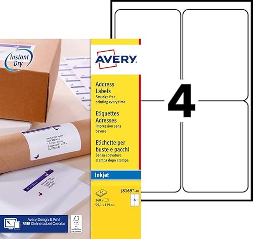 Avery Selbstklebende Versandetiketten, Tintenstrahldrucker, 4 Etiketten pro A4-Blatt, 160 Etiketten, QuickDRY (J8169)