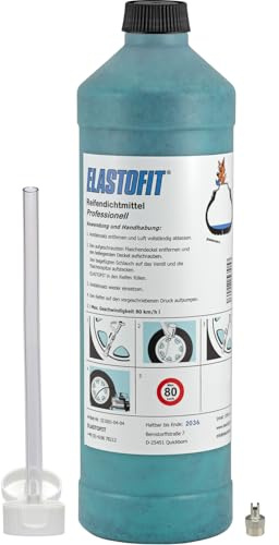 ELASTOFIT Professionell Reifendichtmittel 1000 ml Flasche | Mind. 10 Jahre haltbar. Mit Ventilausdreher und Vinyl-Handschuhe