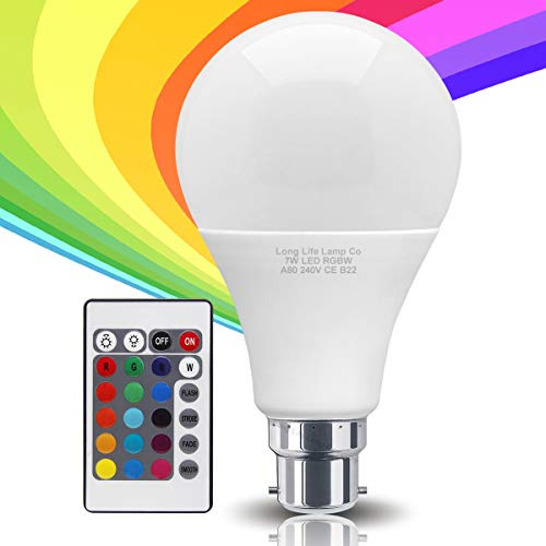 Long Life Lamp Company Remote Controlled Colour Changing 7W LED Light Bulb B22 A80 with Colour Memory