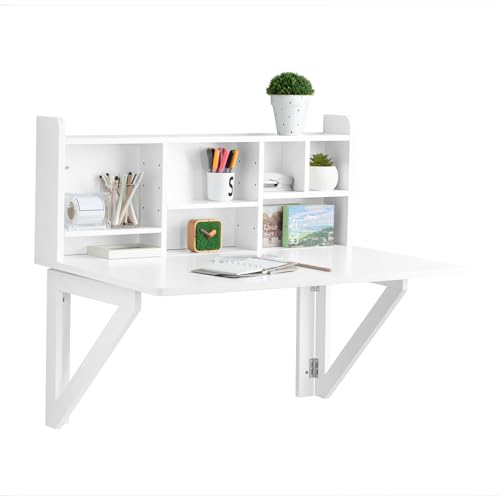 SoBuy FWT07-II-W Mesa Plegable de Pared con Estante Integrado Mesa de Escritorio Color Blanco Mesa de Ordenador 90 x 60 x 78 cm Blanco ES