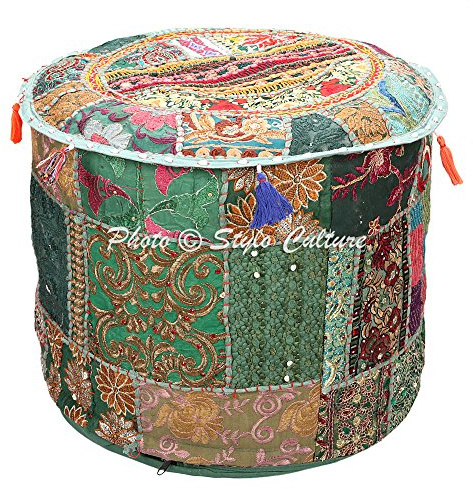 Stylo Culture Pouf Sitz Sitzsack Ottoman Pouffe Cover Dunkelgrün Ethnisch Bestickt Patchwork Baumwolle Traditionell Rundstoff Pouf Ottoman Bezug (16x16x13 Zoll) 40cm