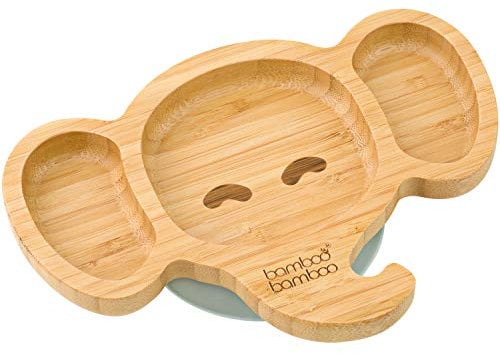 bamboo bamboo Baby Plate and Toddler Plate, Suction Plate for Feeding and Weaning, Bamboo Elephant Plate with Secure Suction, Suction Plates for Babies from 6 Months (Elephant, Grey)