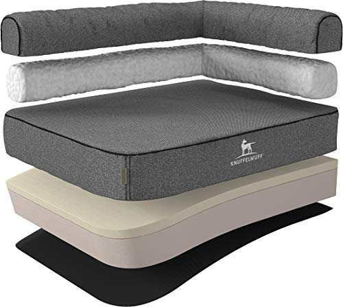 Knuffelwuff Orthopädisches Eck Hundebett Marlie Hundesofa aus Velours mit Handwebcharakter L 85 x 63cm Lehne Rechts Grau - abnehmbarer Bezug - waschbar - für große, mittelgroße und kleine Hunde