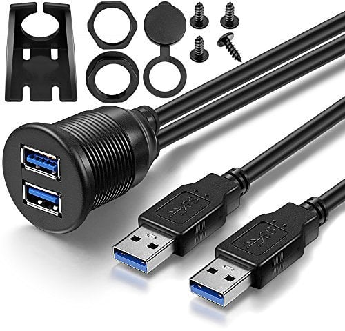 OBSTORM 2 Ports Dual USB 3.0 Male to USB 3.0 Female AUX Flush Mount Car Mount Extension Cable for Car Truck Boat Motorcycle Dashboard Panel (1 Meter)