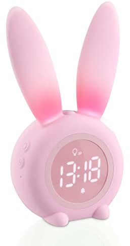 Aoreun wecker Kinder, Cute Rabbit Kinderwecker Nachttischlampe-Snooze-Funktion, wecker mit licht Digital, zeitgesteuertes Nachtlicht wecker, Kindertagesgeschenk für Kinder, Mädchen - Rosa