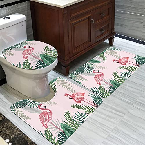 HJOSWVNS Badteppich Blattrosa Flamingo Badvorleger Set 3 teilig Badematte rutschfest Saugfähig Badezimmerteppich Waschbar Fussmatte Teppich, für Badezimmer, Wohnzimmer, Schlafzimmer 50x80cm