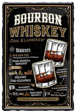 Bourbon Whiskey Metallschild - Nostalgie Retro Deko Blechschild Vintage Style - Dekoration Hausbar Theke Pub Kellerbar Herrenzimmer - Whiskey Geschenke für Männer - USA Western Deko - 20x30cm