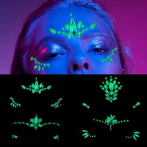 NICENEEDED Face Gems Leuchten Im Dunkeln, 4 Stück Leuchtende Meerjungfrau Gesicht Edelsteine Glitzer Gesicht Juwelen Für Festival Party Temporäre Tattoos