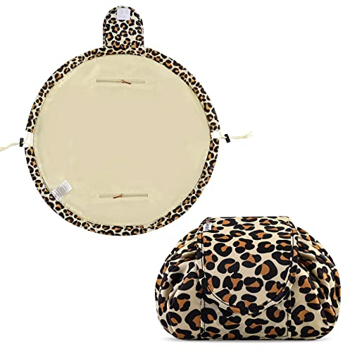 Lazy Drawstring Makeup Bags, Large Capacity Waterproof Travel Portable Cosmetic Bag Pouch Makeup Pouch Storage Organiser for Women Girl (Yellow Leopard)