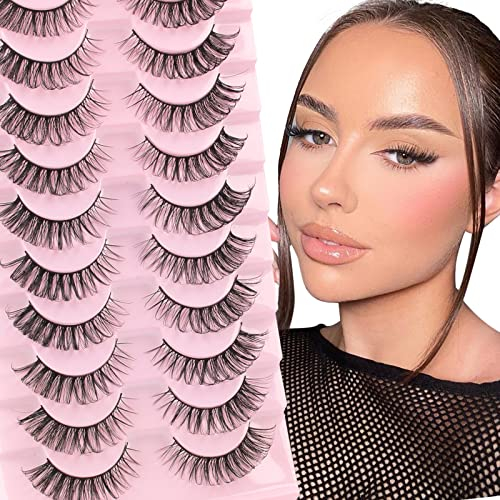 Glowingwin Faux Cils Natural Cat Eye Lashes Russian Strip Lashes D Curl Volume Russe 3D False Eyelashes 10 Paar Faits à la Main Réutilisables Fake Lashes Mink Fluffy Eye Lashes