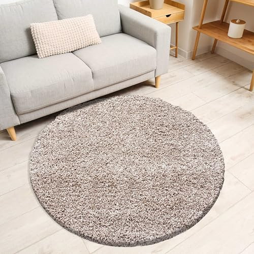 Miovani Hochflor Teppich Rund 160 cm Beige - Besonders weicher Shaggy Teppich in vielen Farben & Größen für Dein gemütliches Zuhause - Teppich Wohnzimmer & Schlafzimmer