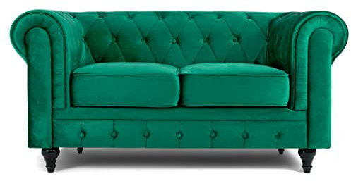 Bravich Velvet Chesterfield Sofa- Green. 2 Seater Settee, Soft Plush Fabric Couch. Living Room Furniture, Easy Clean. 2 Seater- 160cm x 90cm x 78cm