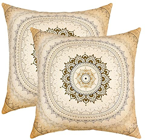 Boho Mandala Kissenbezüge 45x45cm 2er Set Kissenbezüge Weich Kinder Bohemian Style Sofakissen Couchkissen für Hippie Mandala Kissenbezug Kissenhülle Gold Exotisch Floral Drucken Dekokissens