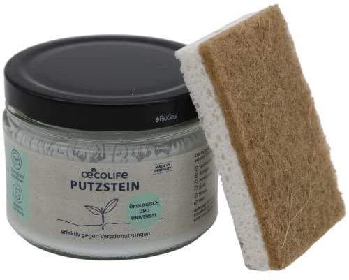 oecolife Putzstein im Glas inkl. Schwamm, Universal-Stein, Reinigungsstein, Polierstein, Allzweckreiniger, Universalreiniger, biologisch abbaubar, Herdplatten, Grill, Ofen, Fenster & Sneaker