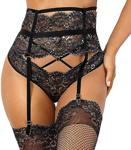 Axami Dame Strumpfgürtel Hoher Bund Strapsgürtel Strumpfhalter Sexy Verführerisch Abnehmbare Strapsen V-10362, Schwarz,M