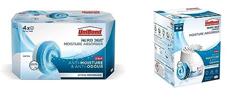 BUNDLE UniBond AERO 360° Moisture Absorber Neutral Refill Tab (4 x 450g), UniBond AERO 360 Compact Moisture Absorber, Ultra-Absorbent Dehumidifier, Original Scent