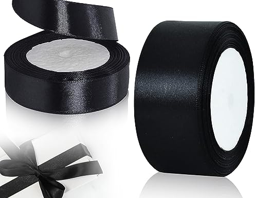 KAPSING Satinband Schwarz, Schwarz schleifenband, 4cm x 22m Geschenkband Dekoband Einseitiges Farbband für Hochzeits Dekoration
