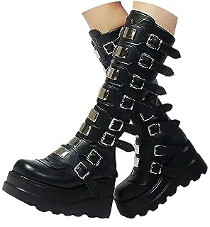 tinetill Donna Stivali con Plateau Punk Gotico Zeppe Alti Al Ginocchio con Zeppa Goth Invernali da Cavaliere con Cerniera con Tacco Grosso
