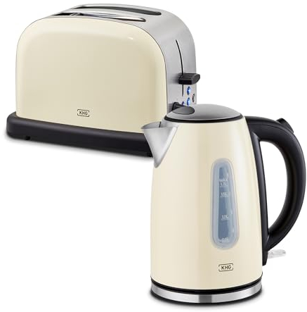 KHG Frühstücksset 2-teilig Wasserkocher & Toaster, Creme Beige Retro American Diner Stil, Kapazität 1,7 Liter & 2 Toastscheiben, 360° Sockel, Kalkfilter, 6 Röstgradstufen, Auftau- & Aufwärmfunktion