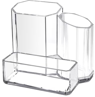 Acrylic Pen Holder Clear Pencil Pot, Pen Holder for Desk Accessories, Makeup Brush Holder 3 Compartments, Makeup Organiser Pen Pot Stationery Storage Organiser for Office School Home Supplies