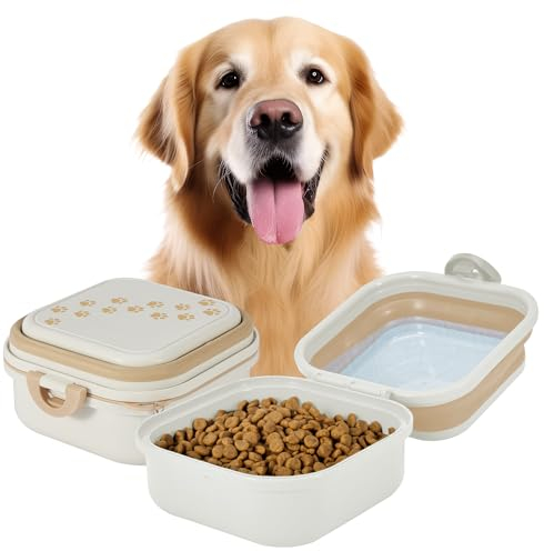 Desired Tools - Collapsible Dog Water Bowl 30oz, 2 in 1 Portable Travel Dog Food Bowl with Lid, Easy Carry Loop Handle, Foldable Dog and Cat Food Bowl, Perfect for Traveling, Walking, Hiking (White)