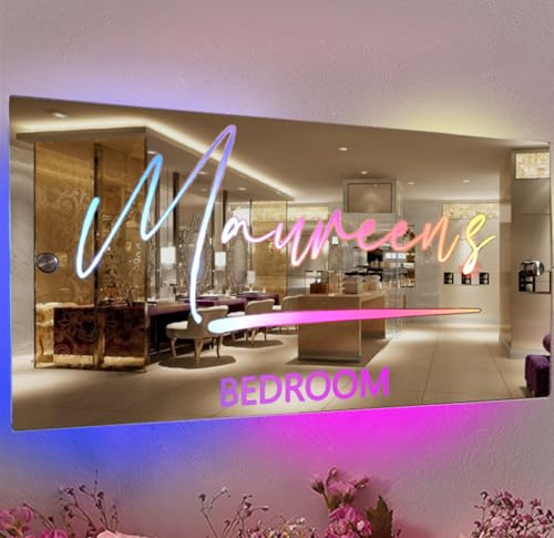 Miroir lumineux à LED personnalisé avec éclairage multicolore, panneau nominatif personnalisé, décoration murale pour chambre à coucher, salon, bar, salon de coiffure