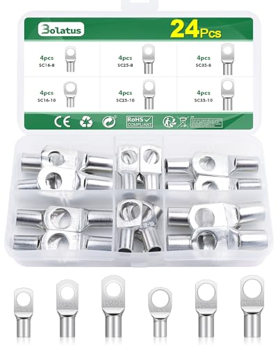 Bolatus Set di 24 capicorda tubolari, 16 mm², 25 mm², 35 mm², in rame stagnato, per occhielli ad anello per auto, M8 M10