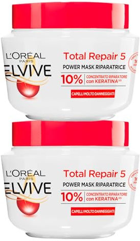 L'Oréal Paris Elvive Total Repair 5 Maschera Riparatrice per Capelli Molto Danneggiati Power Mask Concentrato Riparatore con 10% di Keratina ad Azione Rinforzante - 2 Barattoli da 300ml