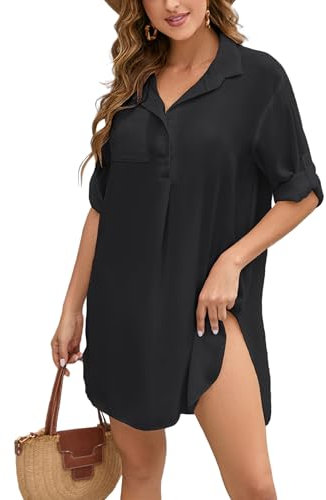 Gumyoss Vestido de Playa Mujer Ropa de Playa Camisolas y Pareos Playa Camisa Suelto de Bikini Verano Sólido Blusa Bikini Cover Up Casual Beach Wear Mujer, Negro, M