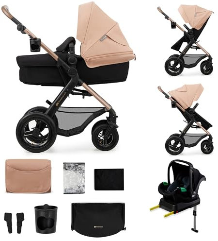 Kinderkraft MOOV2 AIR Kinderwagen 4 in 1 Kinderwagenset bis 26 kg mit Kindersitz I-SIZE 40-75 cm, Buggy Funktion, Liegeposition verstellbar, Große ausziehbare Verdeck, Aufblasbare Räder, Beige