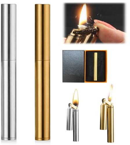 2 pcs Vintage Messing Feuerzeug, KerosinFeuerzeug Windproof Feuerzeug Gas Nachfüllbar Einstellbare Jet Flamme Faltbare Tragbare MiniFeuerzeug für Kerze Küche Camping Geschenk für Männer Vater