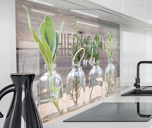 timalo Herd Spritzschutz Wand Spüle, Küche Küchenrückwand Glasoptik | Acryl Glas 2mm | Glasrückwand Acrylglas - personalisiert mit Namen - Rückwandschutz Platte | 120x60cm Kräuter in Gläsern