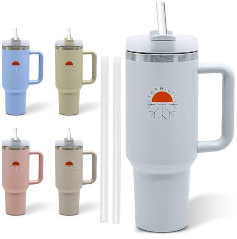 Tophiliv Thermobecher Trinkbecher mit 2 Strohhalmen 1.2L Edelstahl BPA-frei -Doppelwandig Isoliert -Spülmaschinenfest – Hält Getränke bis zu 12 Stunden Heiß & Kalt – Auto -To Go (Fog)