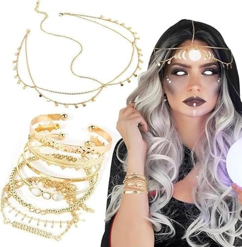TenaLucy Kopfkette Gold,7 Stück Armbänder Gold Armketten,Pailletten Boho Kopfkette Boho Kopfschmuck Geschichtete Stapelbares Offenes Armbänder Verstellbar Armreif Haarkette Wahrsagerin Kostüm