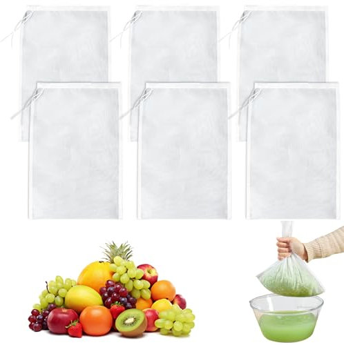 Hurifeng 6 Stück Nussmilchbeutel 20 × 30 cm - 100 Mesh Passiertuch Wiederverwendbar, Feingewebtes Filtertuch mit Kordelzug, Waschbarer Käse Milch Filterbeutel für Nussmilch, Kaffee, Fruchtsaft, Gemüse