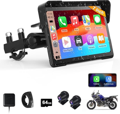 Vtopek Größter 7-Zoll Motorrad Carplay Display 4K+1080P Dash Cams Carplay Motorrad Android Auto Display Wasserdichter HD Touchscreen Apple CarPlay GPS-Navigation Dual-BT Siri Fernbedienung 64 GB-Karte