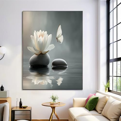 Moderne Bilder Wohnzimmer Poster 60x80cm Hochformat, Natur Kunst Lotus Stein Grau Leinwand Bilder Deko, Wandbilder für Wohnzimmer Schlafzimmer Ohne Rahmen