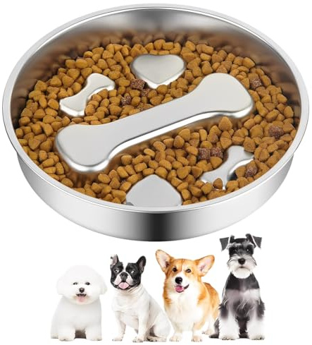 LEPGUYO Gamelle Chien Inox 22cm, Forme Os Anti Glouton – Double Face Antidérapante, Lave-Vaisselle pour Chiens Petits et Moyens